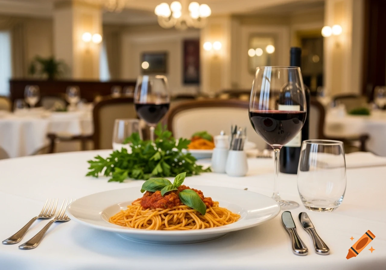 A plate of spaghetti with tomato sauce and basil on a white-clothed table in a formal restaurant, with wine and cutlery.