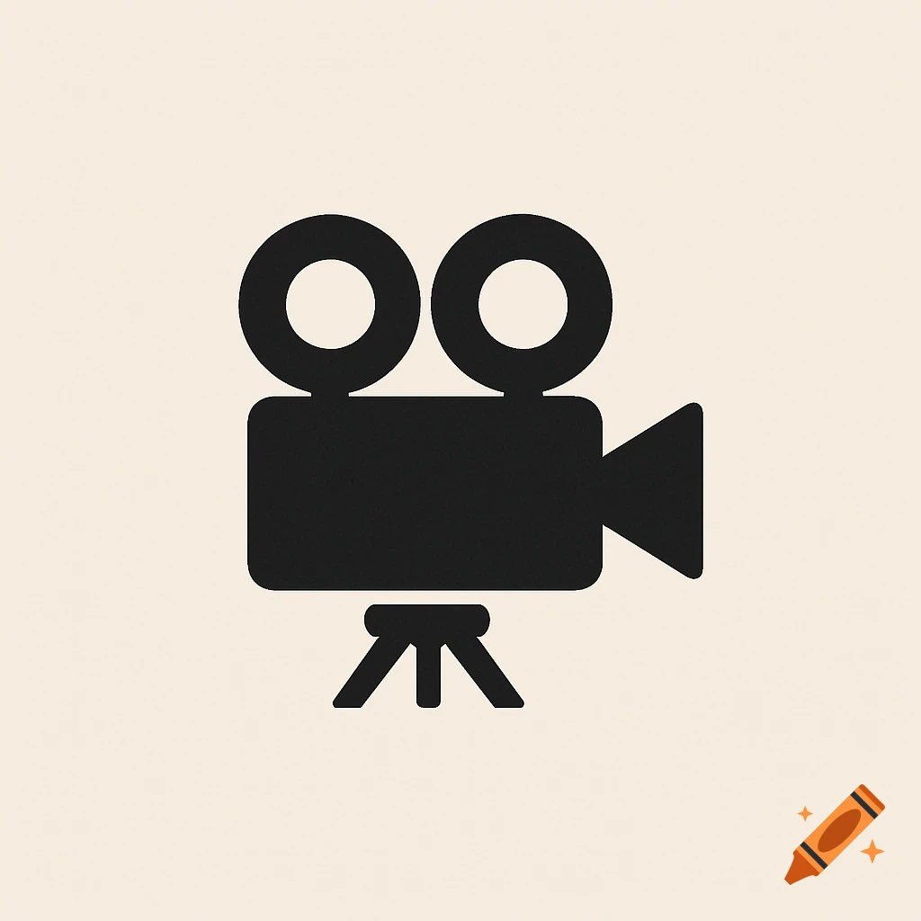 A minimalist black silhouette of a classic movie camera with two reels on a light beige background.