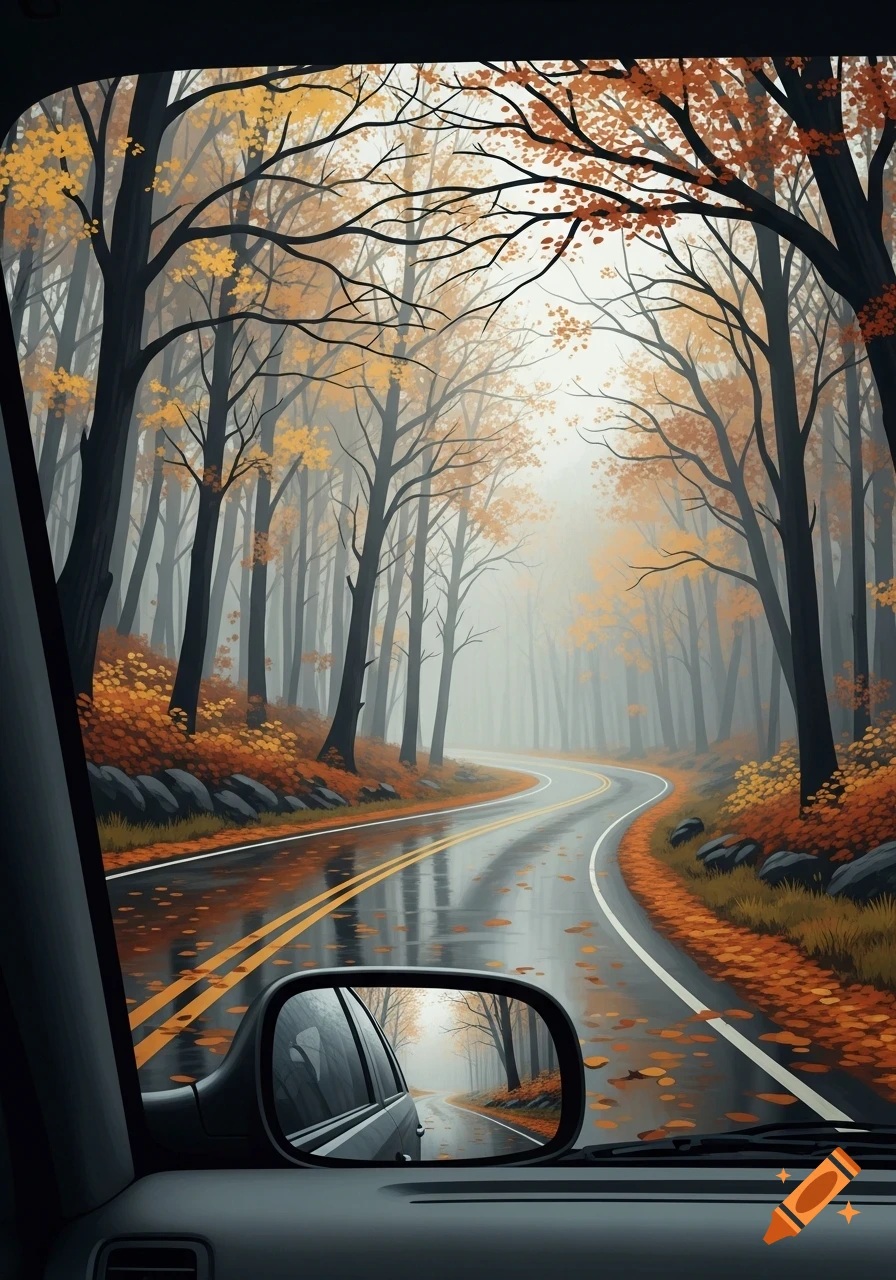 View from a car window of a wet, winding road through a misty autumn forest with yellow and orange leaves, reflected in the side mirror.