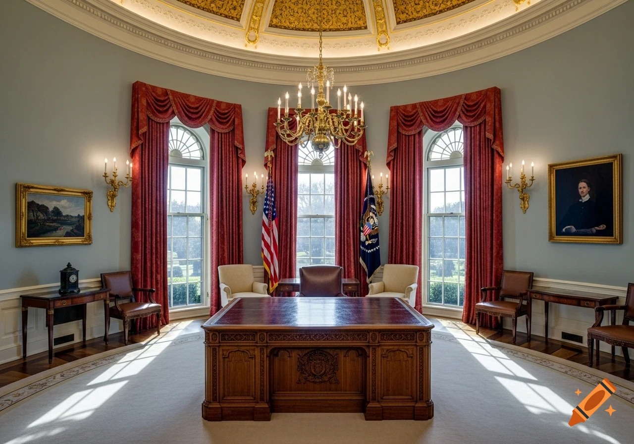 The Oval Office in the White House with a large wooden desk, red curtains, an American flag, and bright windows.