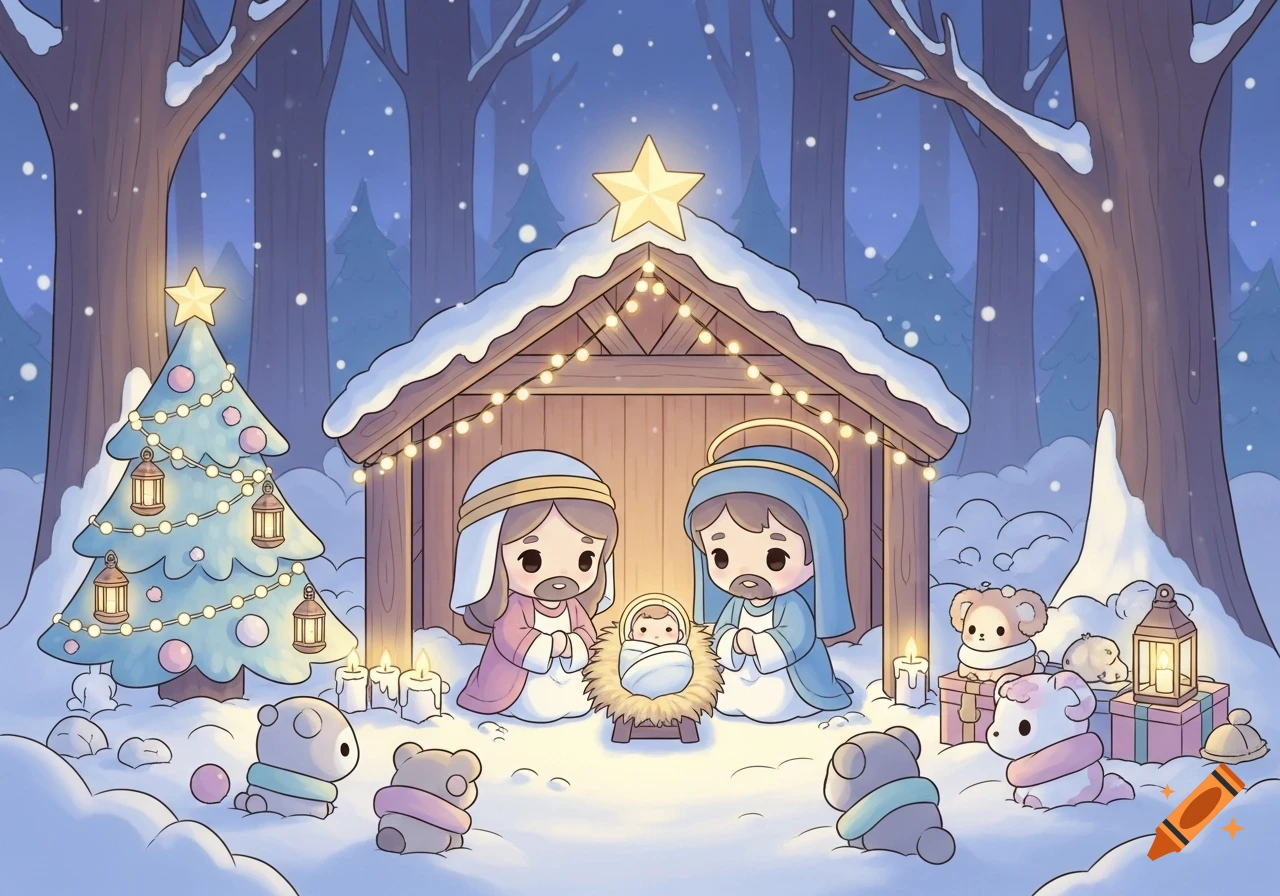 A cute chibi Christmas nativity scene in a snowy forest with Mary, Joseph, baby Jesus, and animals in pastel illustration style.