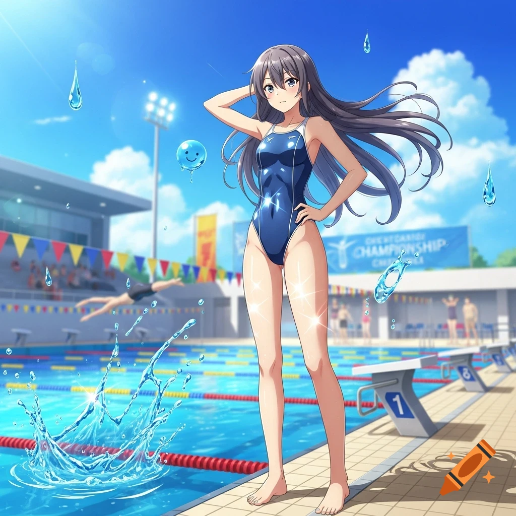 Anime girl in a blue competitive swimsuit stands by a swimming pool, ready for a championship.