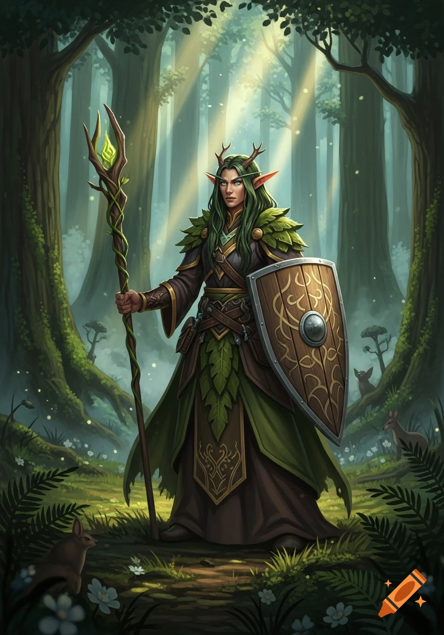 A wood elf druid with green hair, antlers, a glowing staff, and a ...