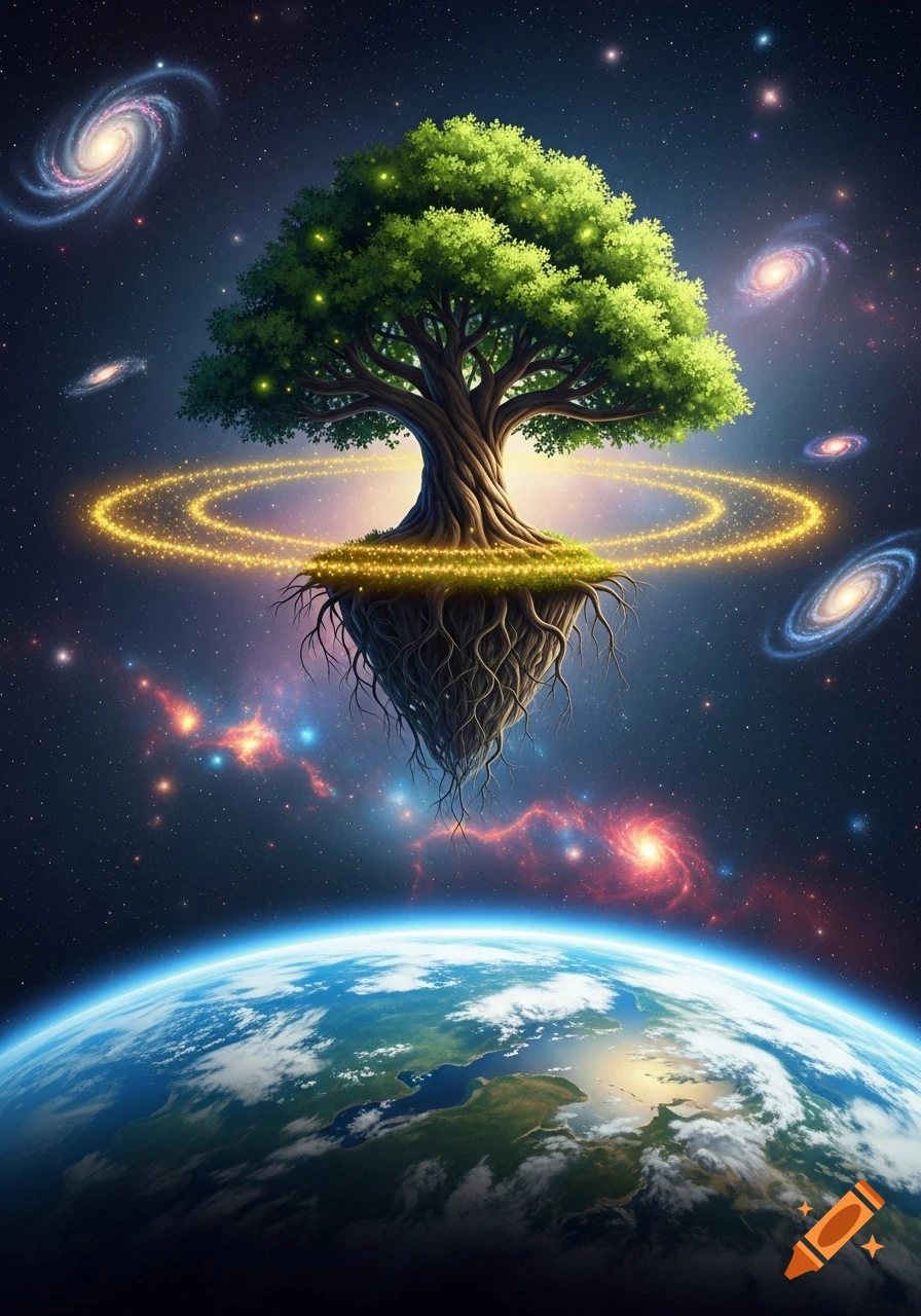 A mystical tree with lush green foliage and exposed roots floats above planet Earth in space, encircled by golden rings and galaxies.