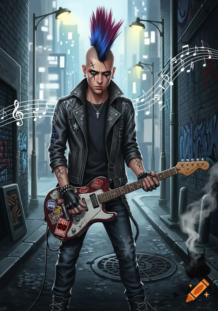 A punk rocker with a blue and red mohawk, face paint, and leather jacket plays an electric guitar in a dim city alley with musical notes; digital art.