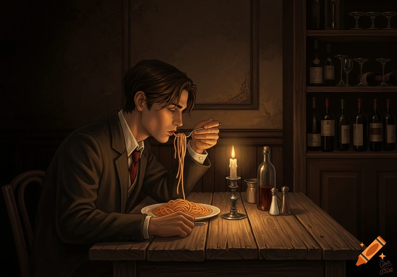 A man in a suit eats spaghetti by candlelight at a wooden table in a dimly lit room, with a wine shelf in the background.