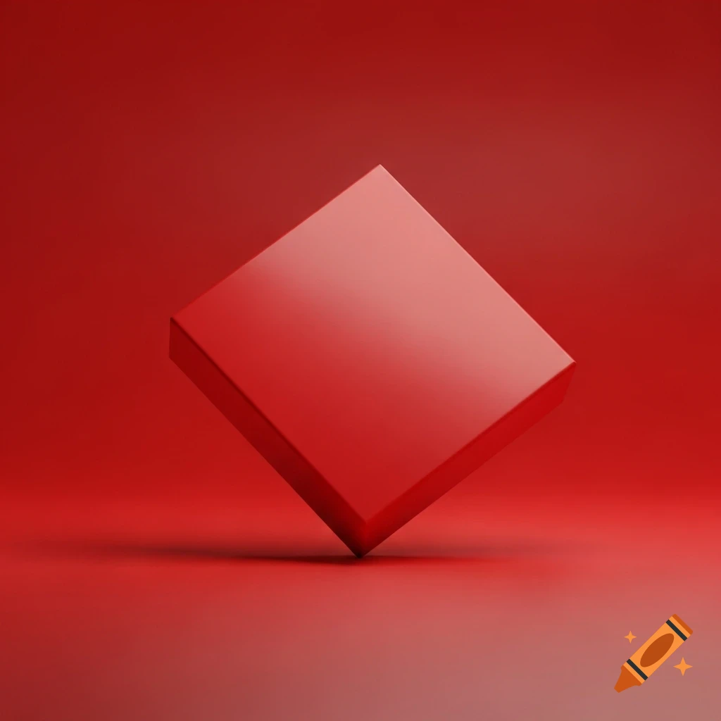 A vibrant red square, angled, rests on a reflective red surface against a solid red background, casting a subtle shadow.