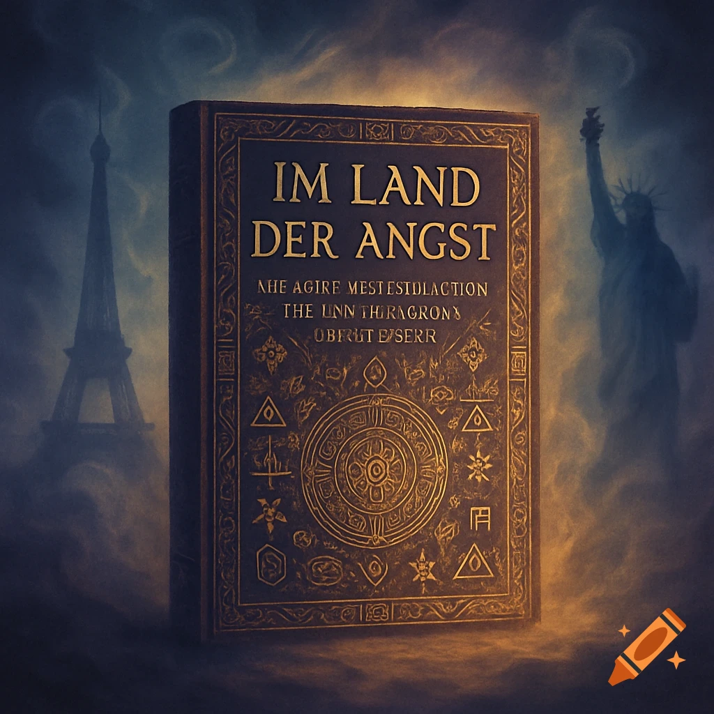 A mystical book titled "IM LAND DER ANGST" with intricate gold detailing, set against a smoky, dark background featuring blurred silhouettes of the Eiffel Tower and the Statue of Liberty.