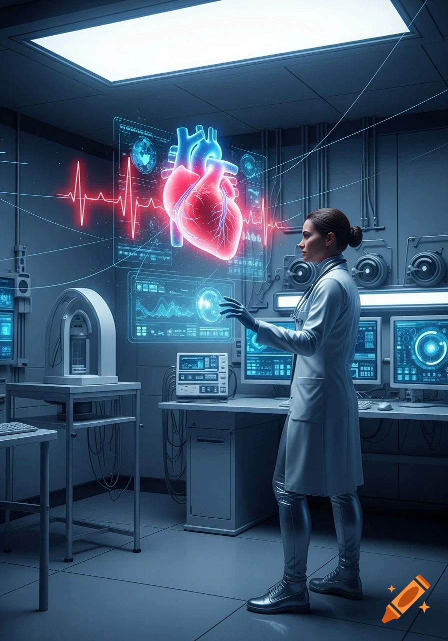 A doctor in a futuristic lab examines a glowing holographic heart and various computer displays.