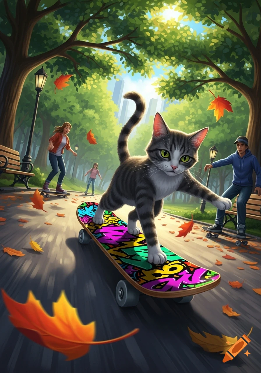 A stylized gray tabby cat balances on a colorful skateboard on a sunny park path with autumn leaves and distant people.