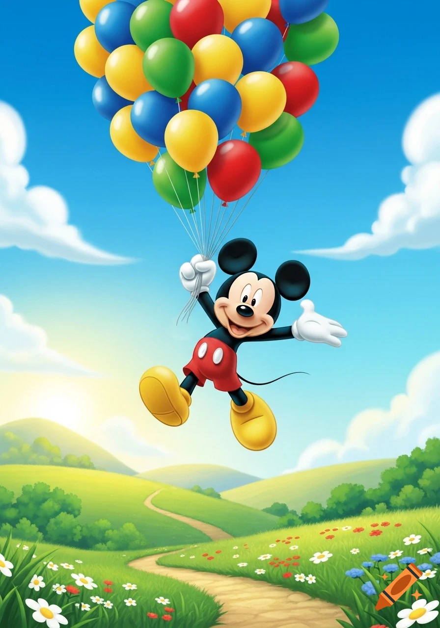 Cartoon Mickey Mouse floats holding colorful balloons high above a green, flowery landscape under a bright blue sky.