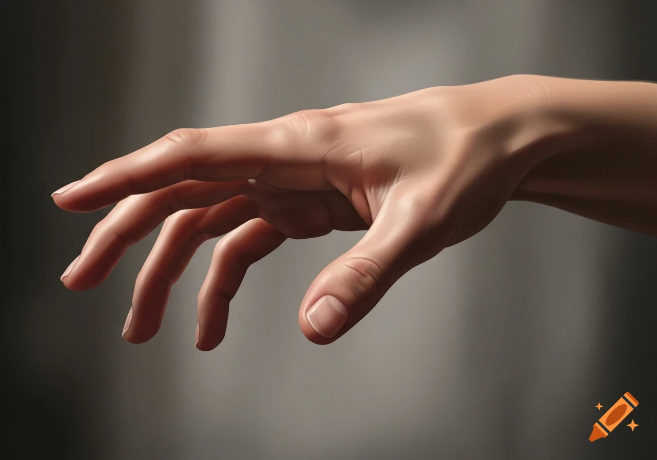 A realistic human hand, palm down, fingers gently curved, reaching against a dark, softly lit background.