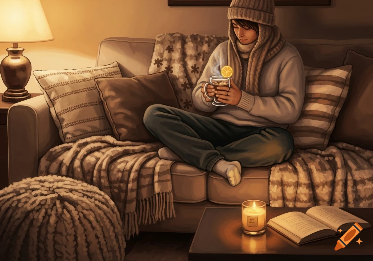 A person in warm clothes relaxes on a cozy couch with a hot drink, a lit candle, and an open book.