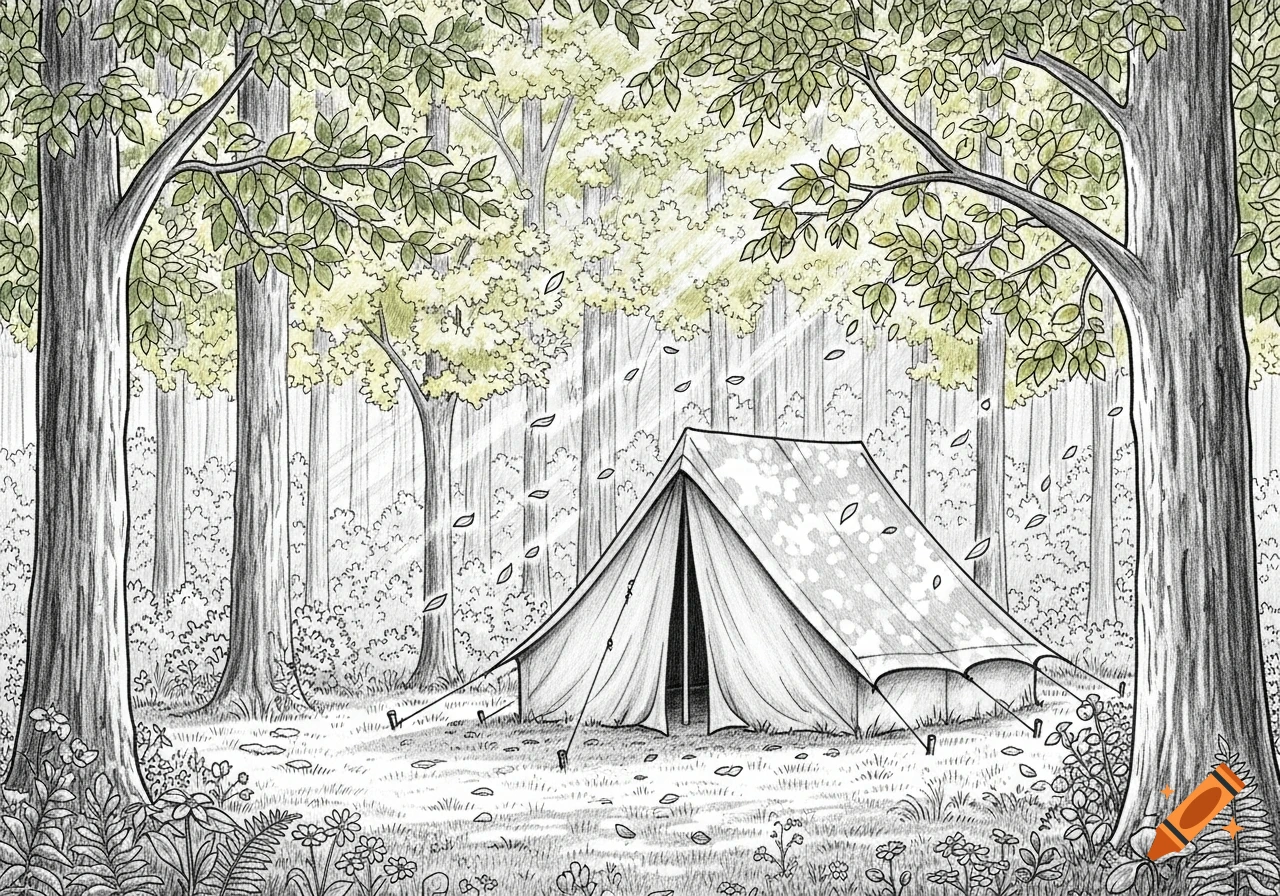 A detailed sketch drawing of a canvas tent (Kohte) pitched in a forest clearing, with sunlight filtering through light green leaves.