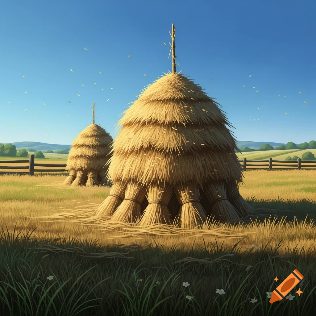 Two large conical haystacks in a sunny golden field with green grass, wooden fences, and distant hills under a clear blue sky, in an illustration style.
