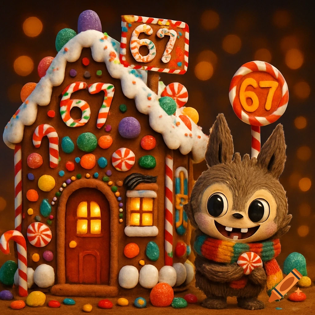 A festive gingerbread house covered in colorful candies and the number 67, with a cute Labubu character wearing a scarf next to it.