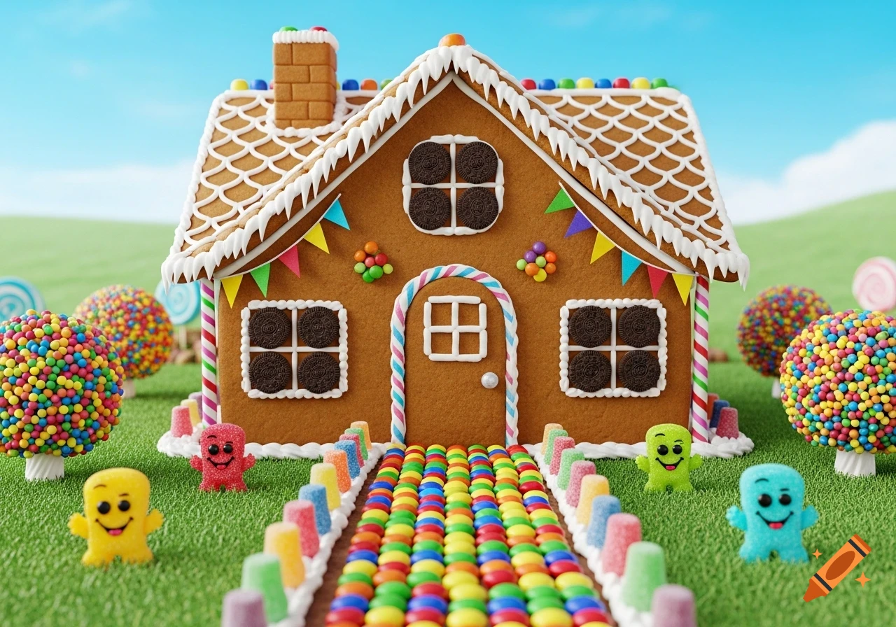 A vibrant gingerbread house with Oreo windows, a colorful candy path, gumdrop trees, and smiling candy characters in a sweet landscape.