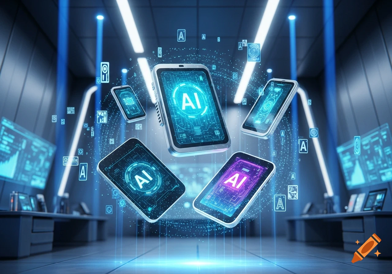 Multiple glowing smartphones with "AI" text and circuit patterns float in a futuristic, blue-lit server room, representing AI tools.