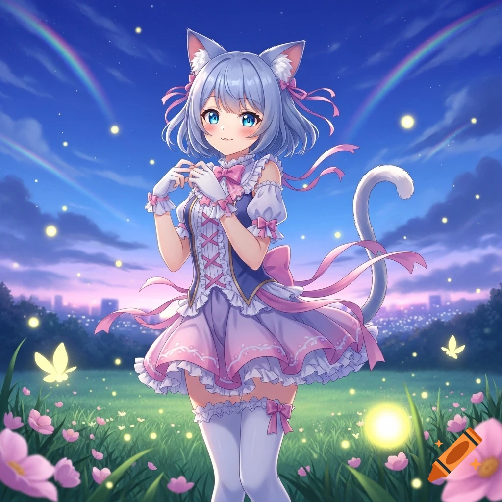 Smiling anime catgirl with blue hair, cat ears, and a pink dress stands in a magical field with fireflies and rainbows.