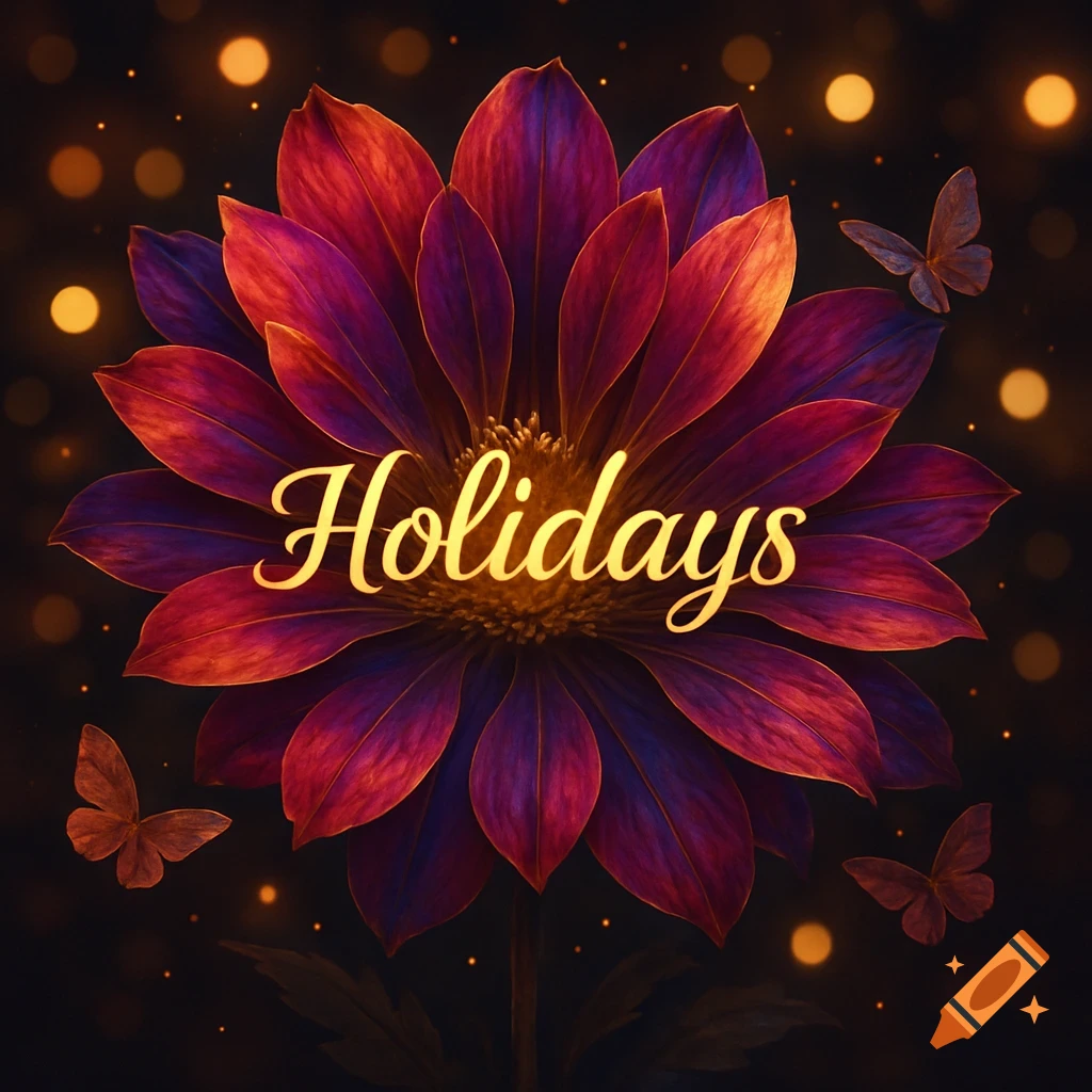 A vibrant purple and orange flower with 'Holidays' written in gold script, surrounded by butterflies and bokeh lights.