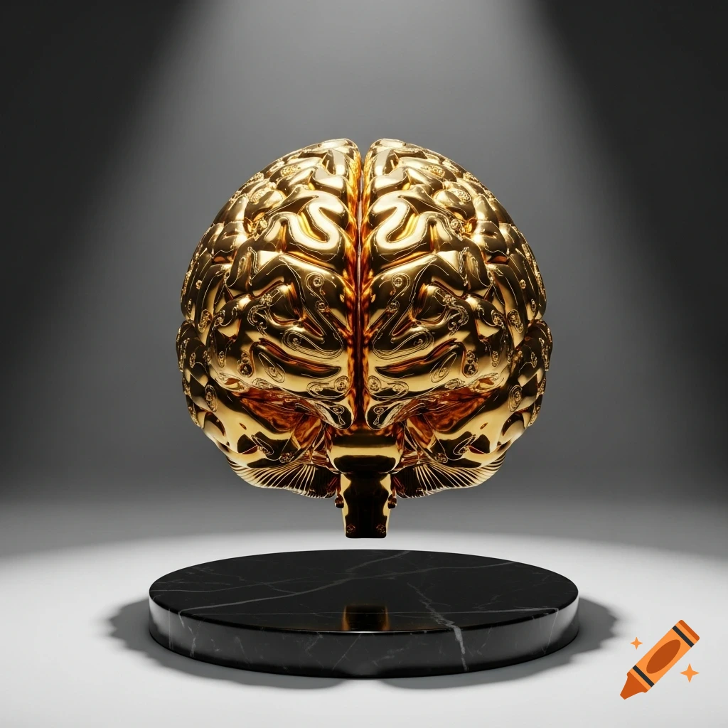 A detailed, shiny golden human brain floats above a black marble pedestal, illuminated by dramatic spotlights.