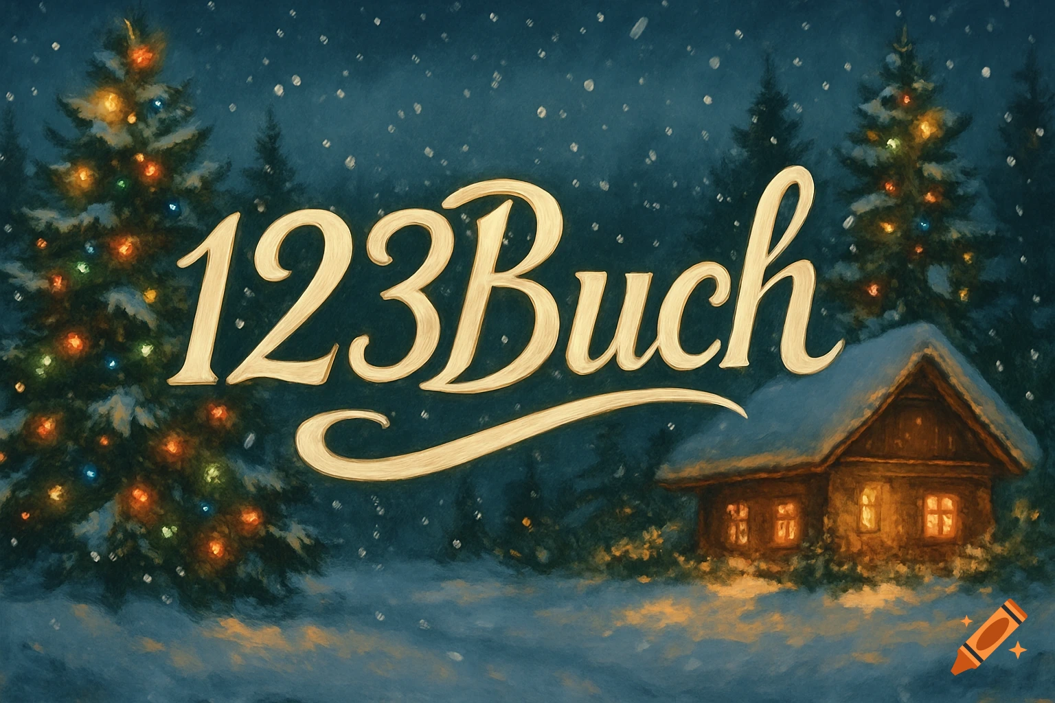 A painted winter night scene with falling snow, two decorated Christmas trees, a cozy lit cabin, and '123Buch' as a central golden logo.