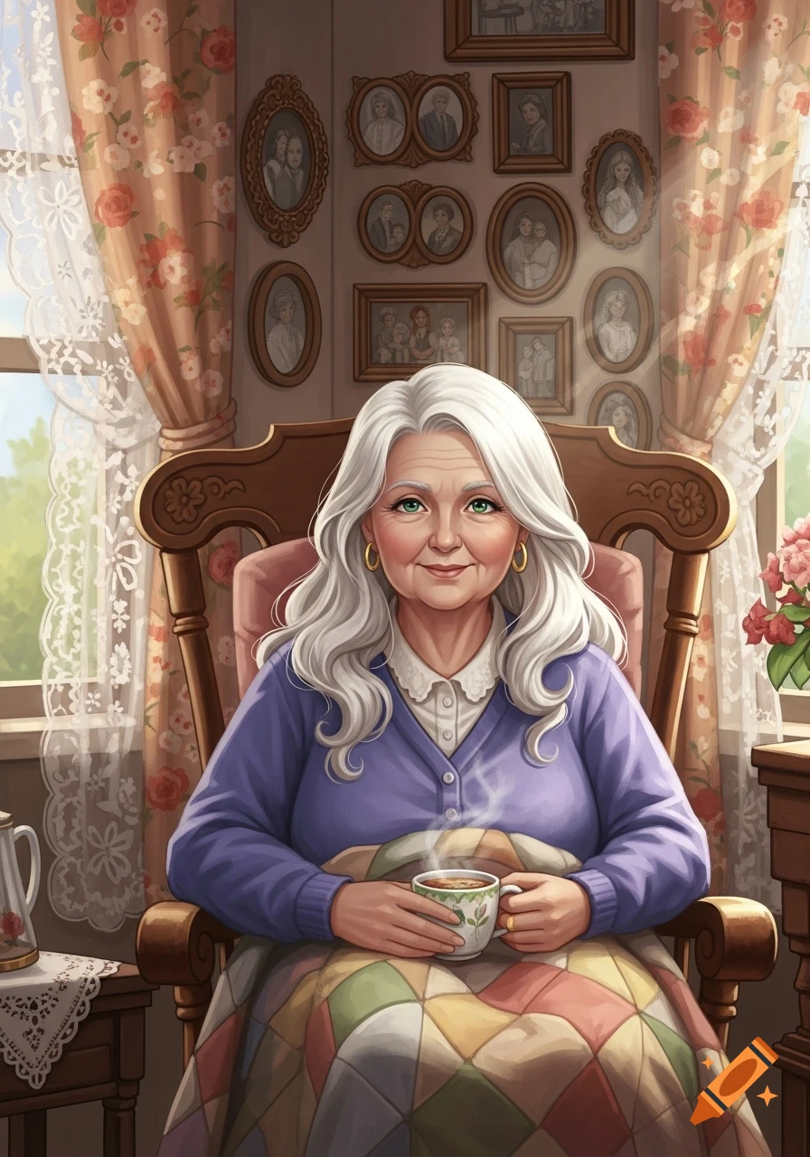 An illustrated portrait of a smiling elderly woman with white hair and green eyes, sitting in a rocking chair with a quilt, holding a steaming cup in a cozy room.