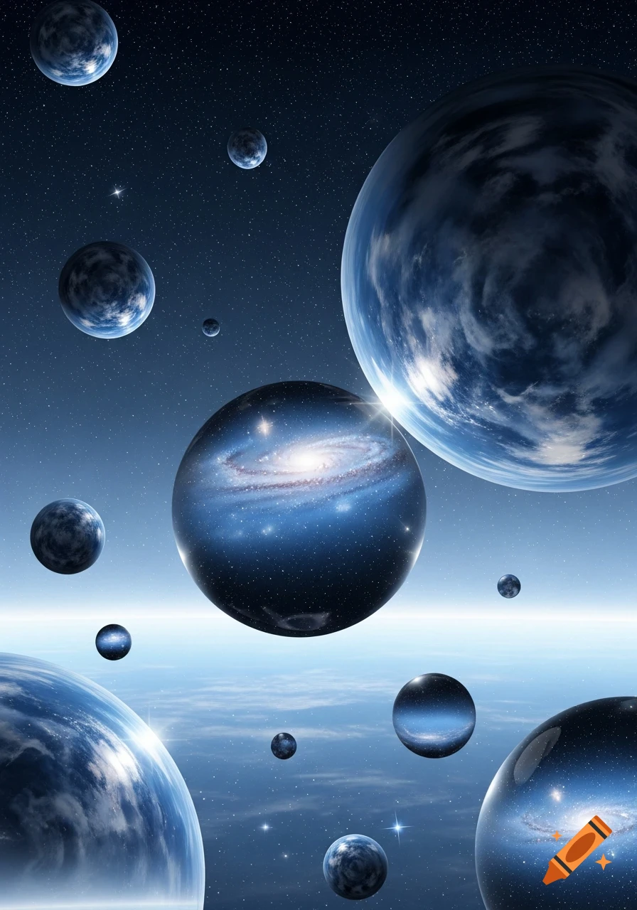 Multiple blue planets and spheres reflecting galaxies float in a starry blue cosmic space with a glowing horizon.