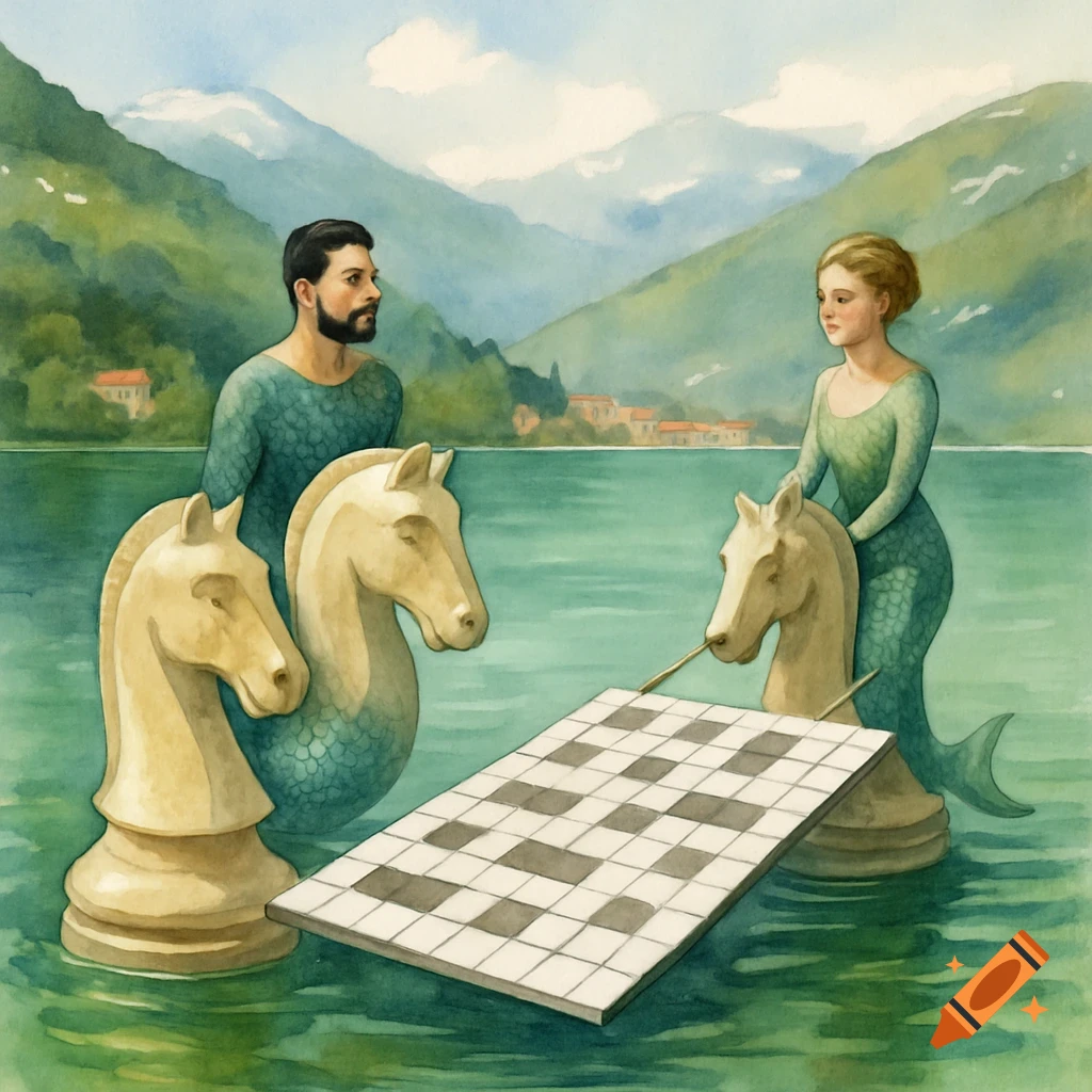 Watercolor painting of a merman and mermaid on giant chess knight pieces in a lake, with a chessboard floating between them, against a backdrop of green mountains and houses.