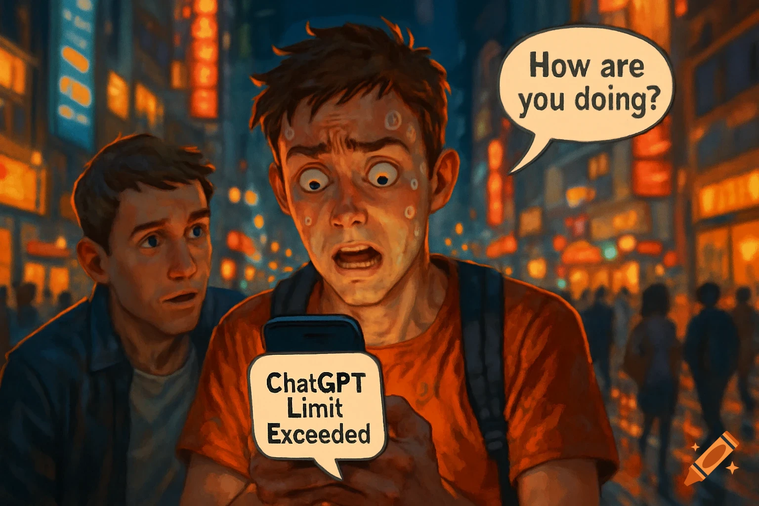 A man in a bustling city street looks panicked at his phone displaying "ChatGPT Limit Exceeded", while another man asks "How are you doing?"
