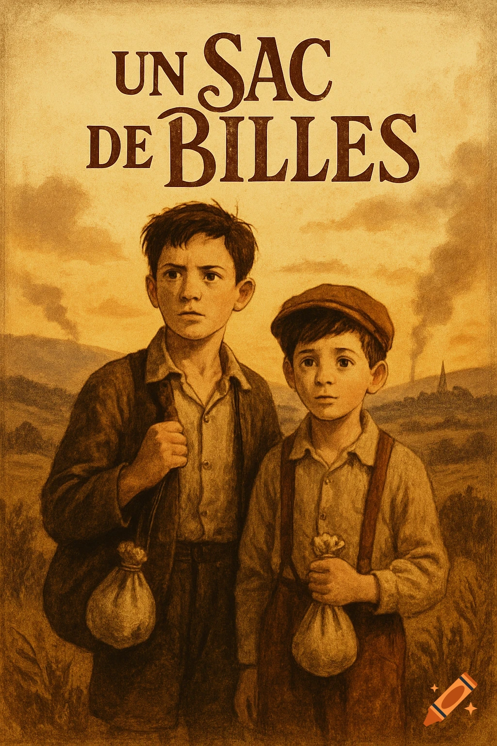 Sepia-toned illustration of two boys in vintage clothes holding bags, with 'UN SAC DE BILLES' title.