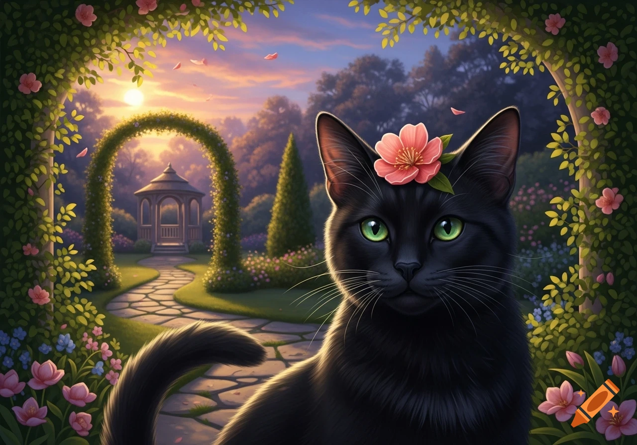 A black cat with green eyes and a pink flower on its head sits in a lush garden with a stone path leading to a gazebo at sunset.