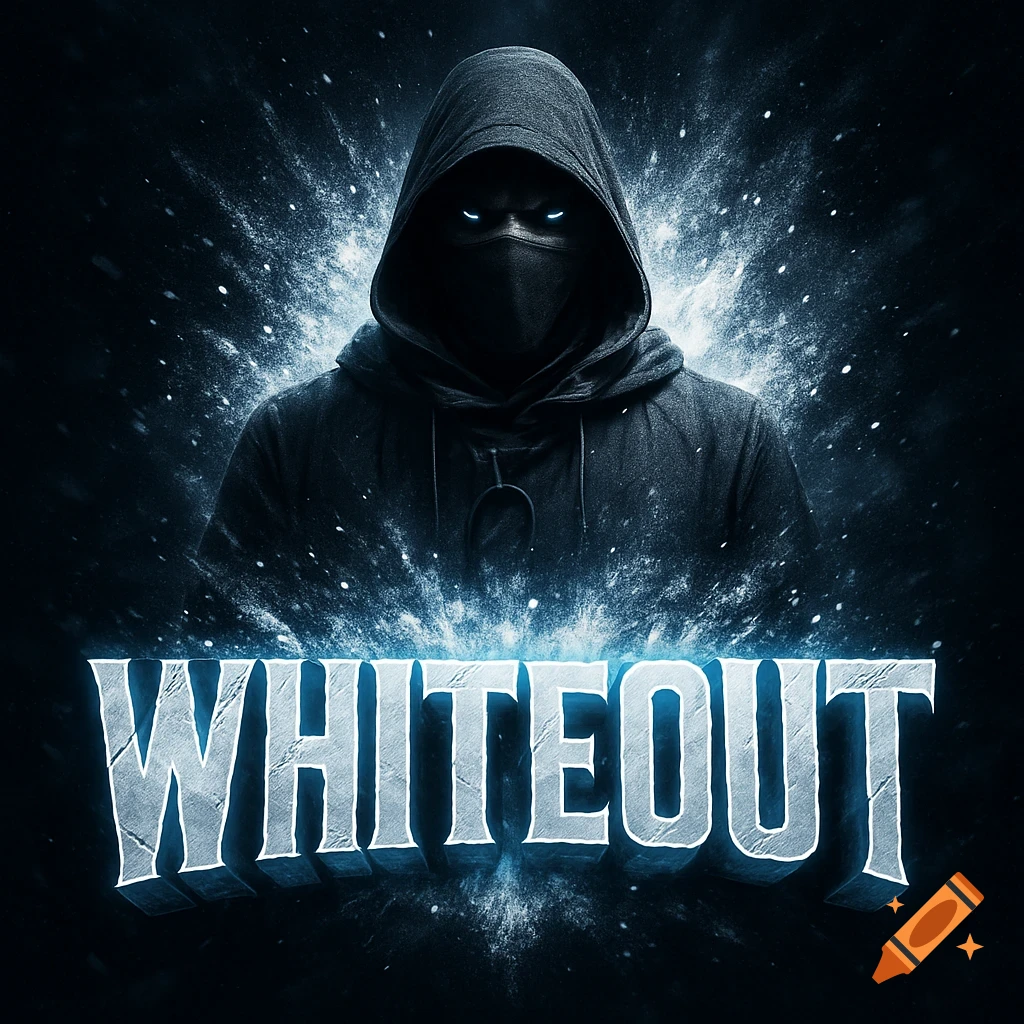 A dark logo features a hooded, masked figure with glowing blue eyes, emerging from an icy dust storm. Below, the glowing blue 3D text 'WHITEOUT' is set against a dark background.