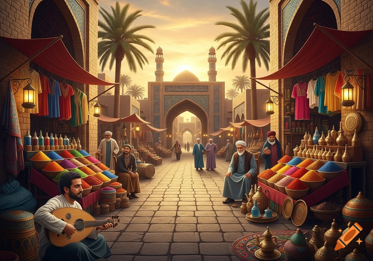 A bustling Middle Eastern marketplace with vendors, shoppers, and a musician playing an oud. Colorful spices and goods are displayed. In the background, a grand archway leads to a mosque under a golden sky.