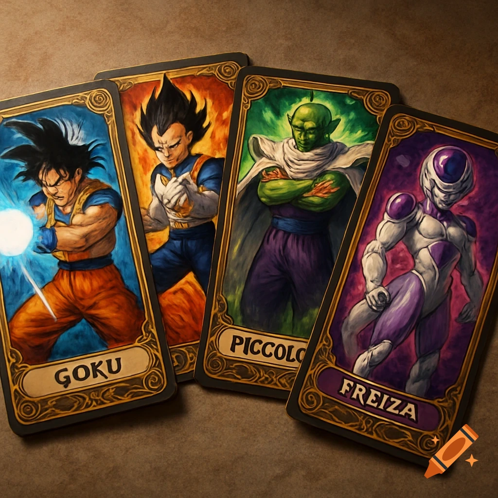 Four Dragon Ball Z character trading cards featuring Goku, Vegeta, Piccolo, and Frieza in an illustrative style.