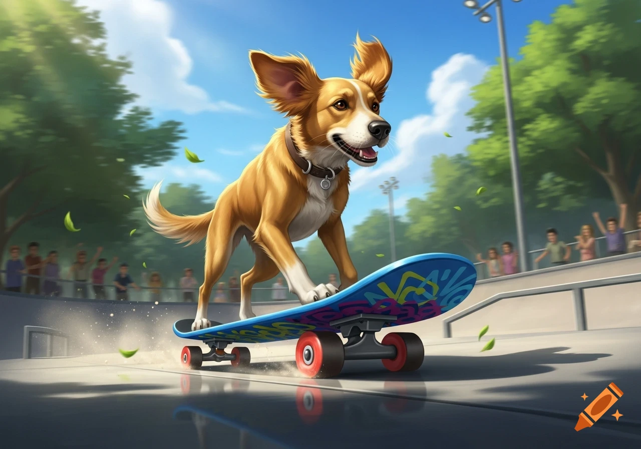 A happy brown and white cartoon dog with floppy ears balances on a blue skateboard, kicking up dust at a sunny outdoor skatepark.