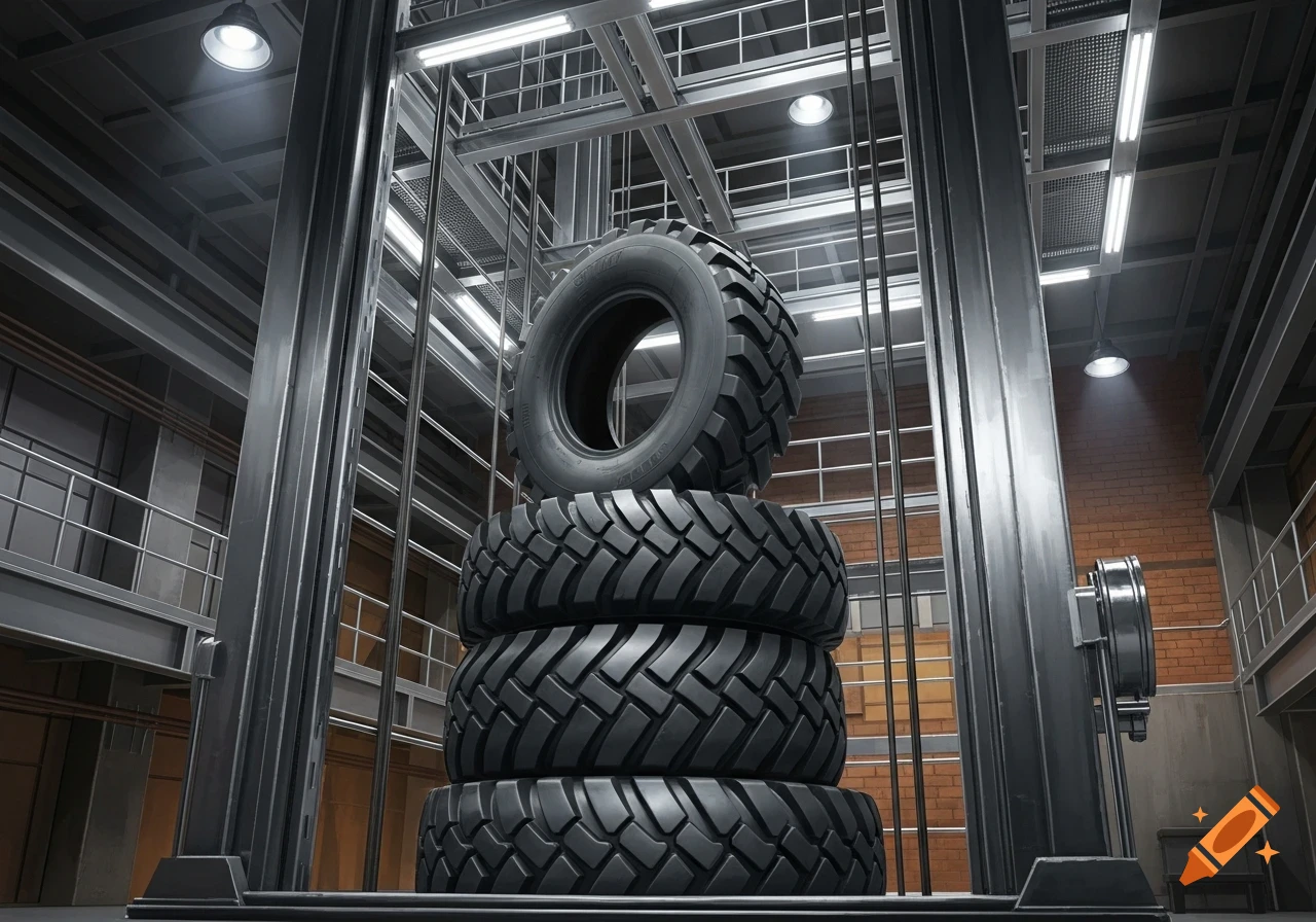 Four large industrial tires are stacked inside a freight elevator, surrounded by metal structures and bright lights in a photorealistic style.