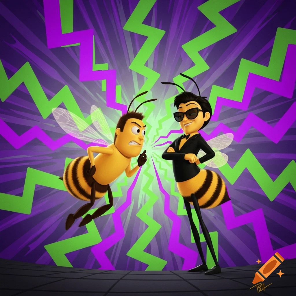 Cartoon Barry the Bee and a cool bee character in sunglasses face off against a vibrant purple and green lightning background.