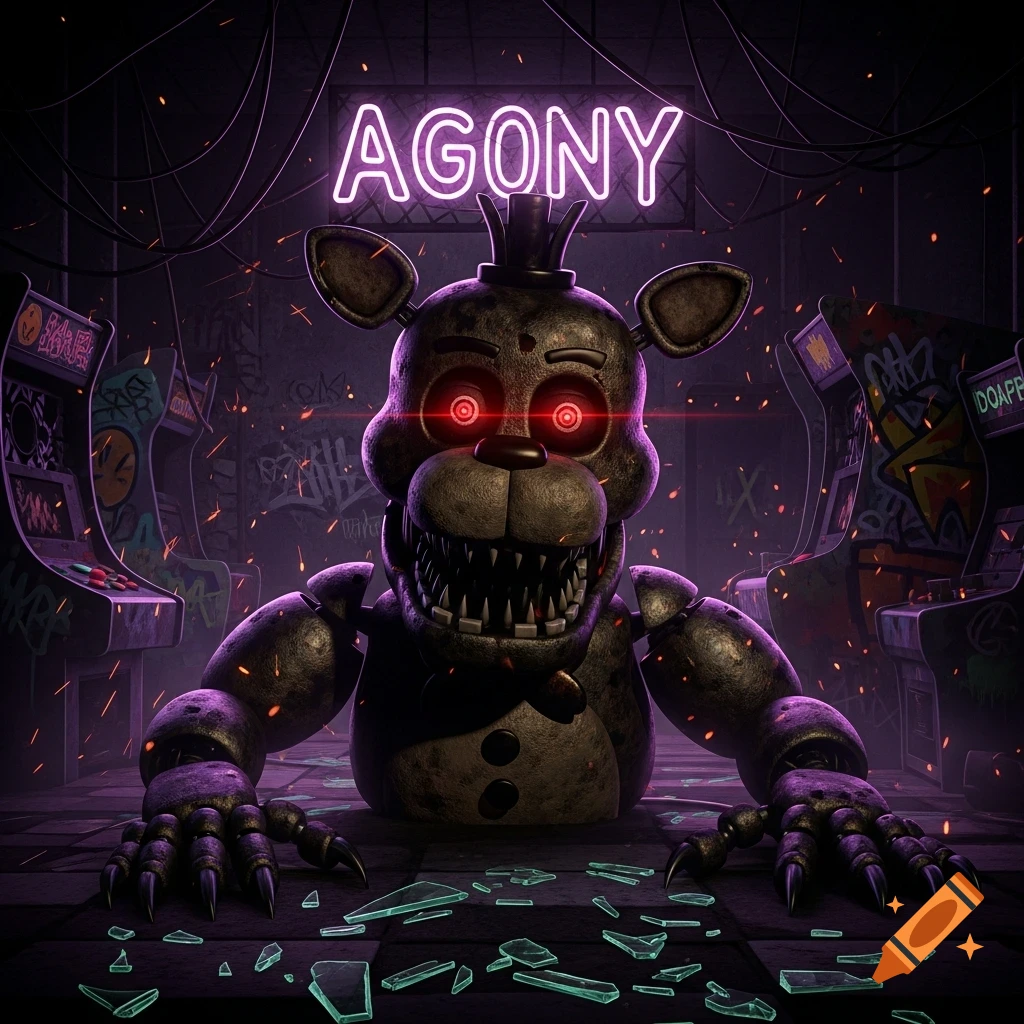 A terrifying animatronic bear with red eyes and sharp teeth crawls in a ruined arcade under a neon 'AGONY' sign.