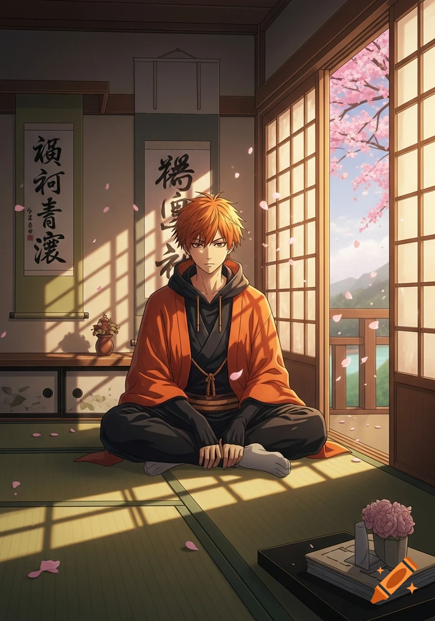 An anime man with orange hair meditates in a traditional Japanese room, with cherry blossoms visible through the window.