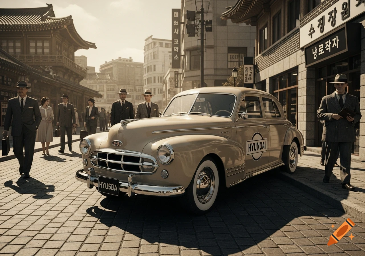 A beige vintage Hyundai car parked on a cobblestone street in a bustling East Asian city with people in 1940s attire and traditional buildings under a bright sky.
