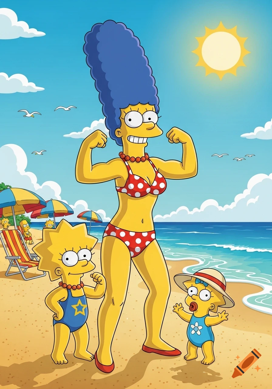 Marge Simpson flexing in a red polka dot bikini on a sunny beach with Lisa and Maggie in swimsuits.