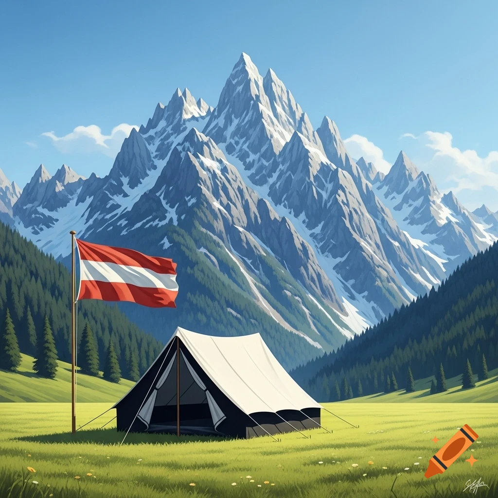 Illustrative view of a tent and an Austrian flag in a grassy field, with snow-capped mountains in the background.