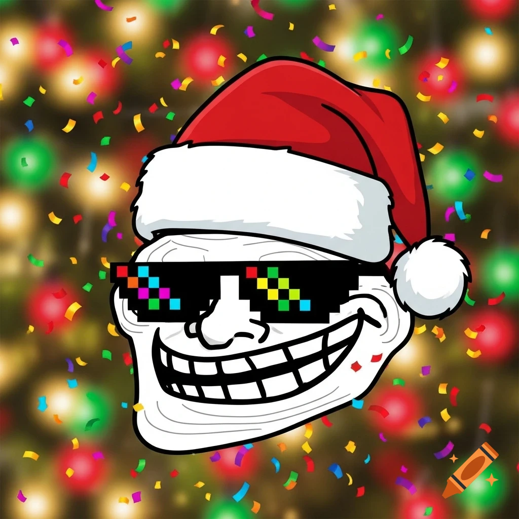 A stylized troll face wearing a Santa hat and pixelated sunglasses, surrounded by colorful confetti and blurred festive lights.