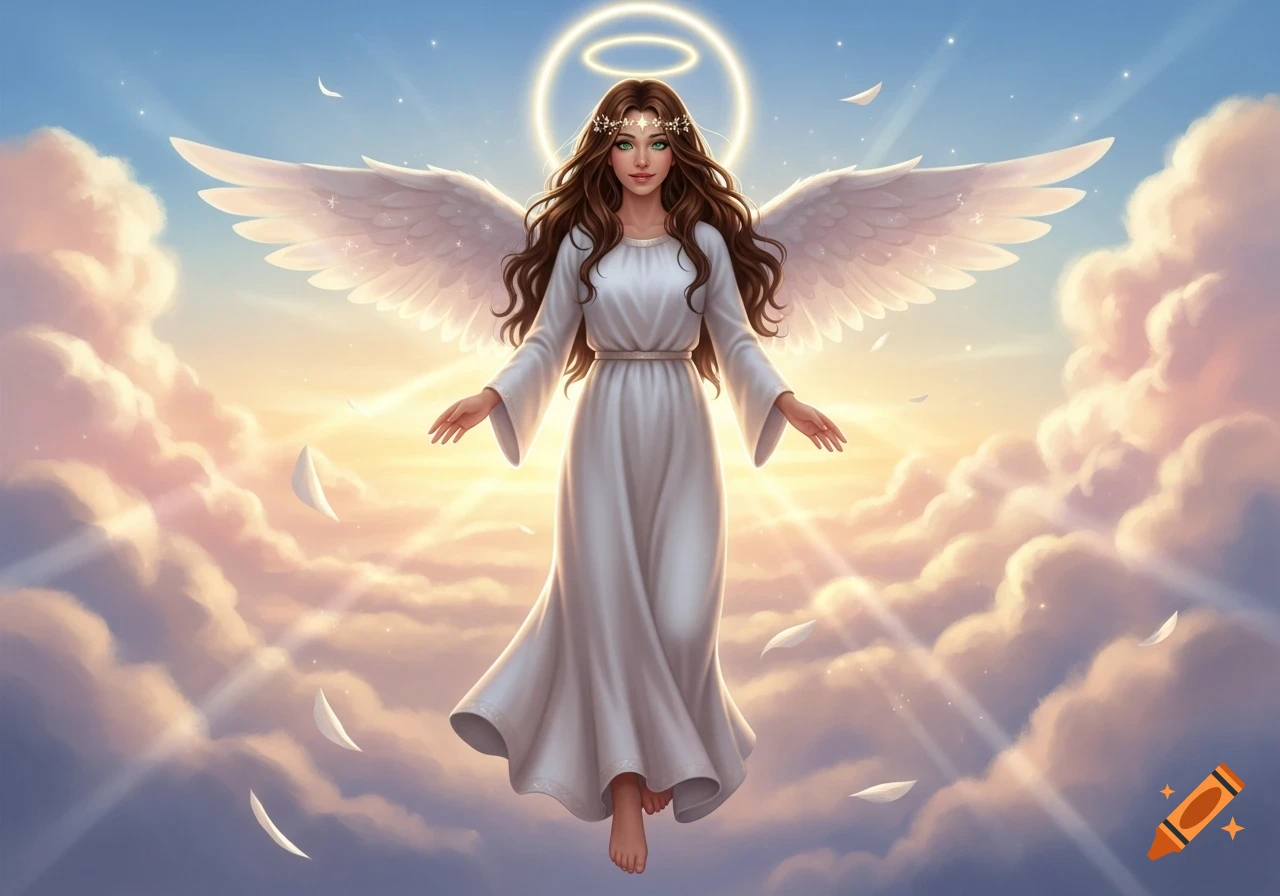 A beautiful angel with long brown hair, green eyes, and white wings, wearing a white dress and halo, floating among golden clouds.