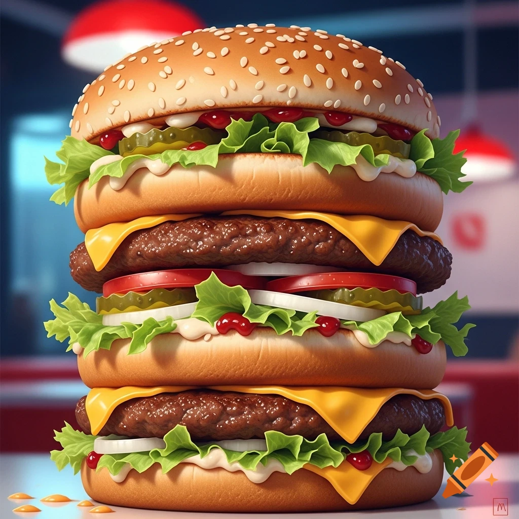 A photorealistic, towering quadruple-patty hamburger with lettuce, cheese, tomatoes, pickles, onions, and sauces on a sesame bun.