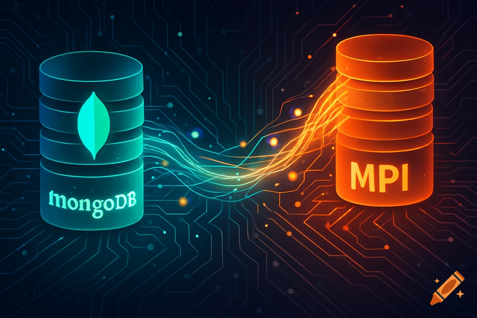 Teal MongoDB database and orange MPI database connected by glowing data streams on a circuit board background.