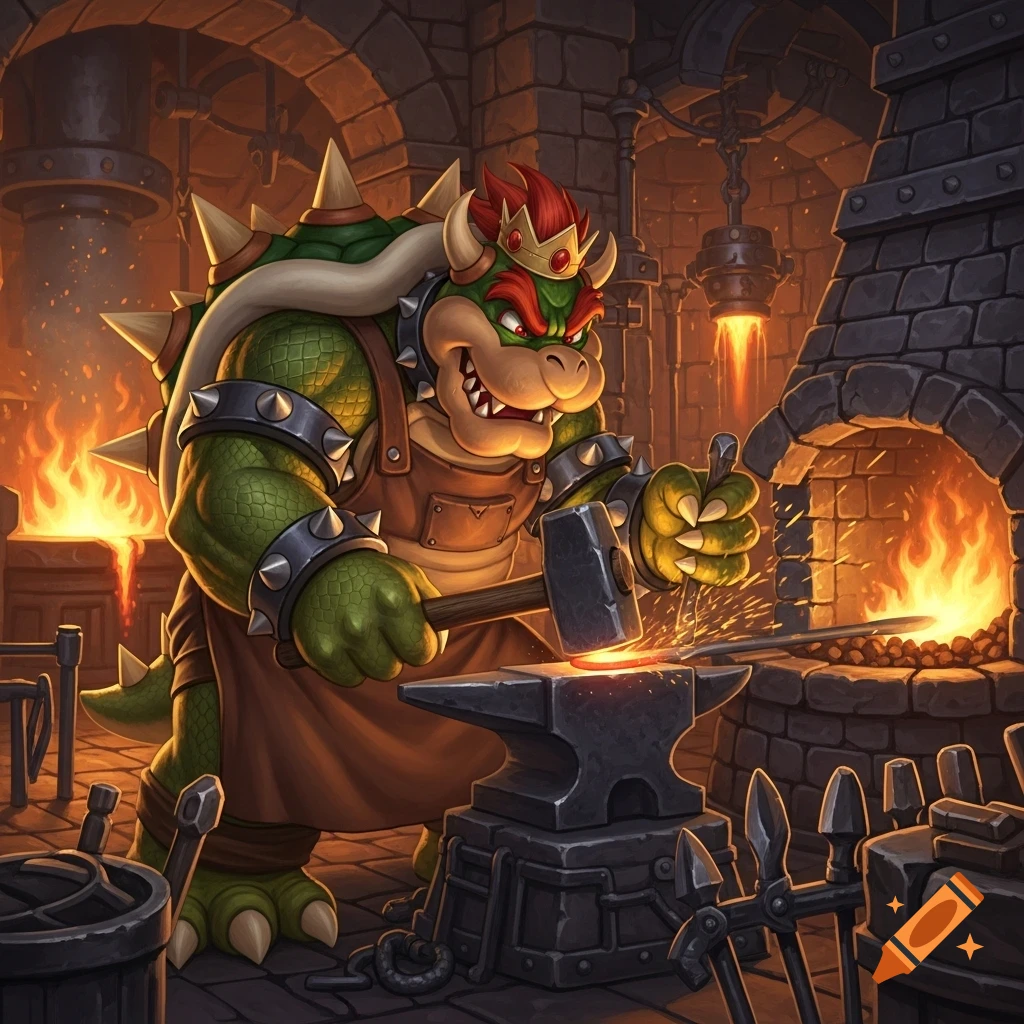 Bowser, a large reptilian character, in a blacksmith's apron, hammering a glowing metal bar on an anvil in a fiery forge.