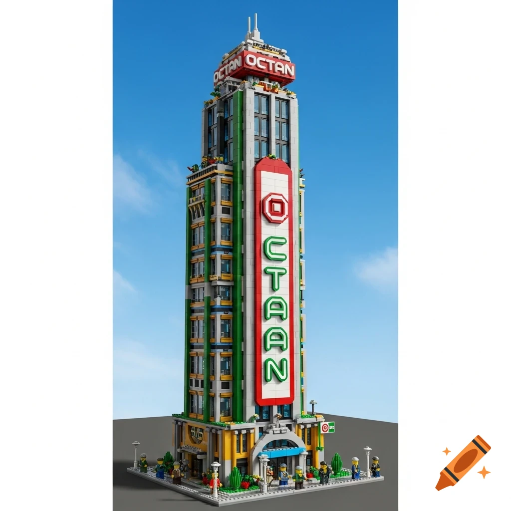 Tall Lego Octan building with green, white, and red details under a blue sky, with small Lego figures at the base.