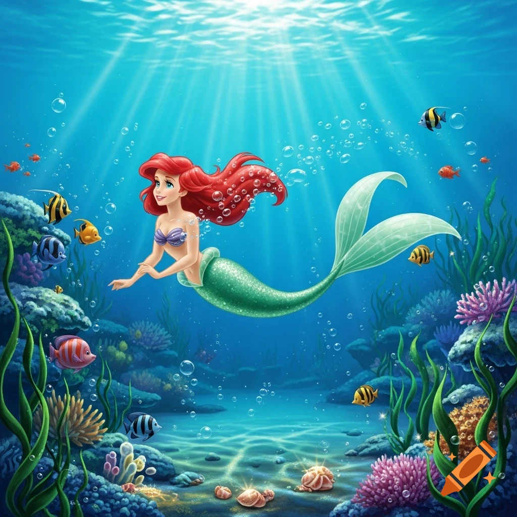 Cartoon Ariel the Little Mermaid swims gracefully in a vibrant blue ocean amidst colorful coral, fish, and sunlit water.